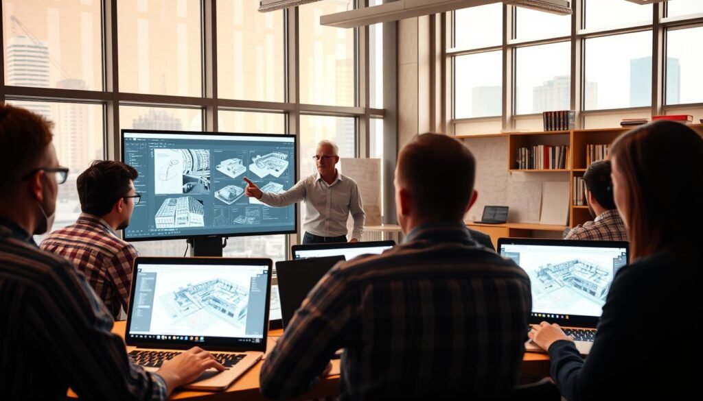 A bright, airy Revit training studio with large windows overlooking a cityscape. In the foreground, a group of architects intently studying Revit models and drawings on their laptops, their faces lit by the glow of the screens. In the middle ground, an instructor gestures towards a large interactive display, explaining Revit features and workflows. The background features bookshelves and architectural plans, conveying a sense of learning and professional development. The lighting is warm and natural, creating a welcoming atmosphere conducive to focused training. The overall scene evokes a collaborative, hands-on approach to mastering Revit skills.