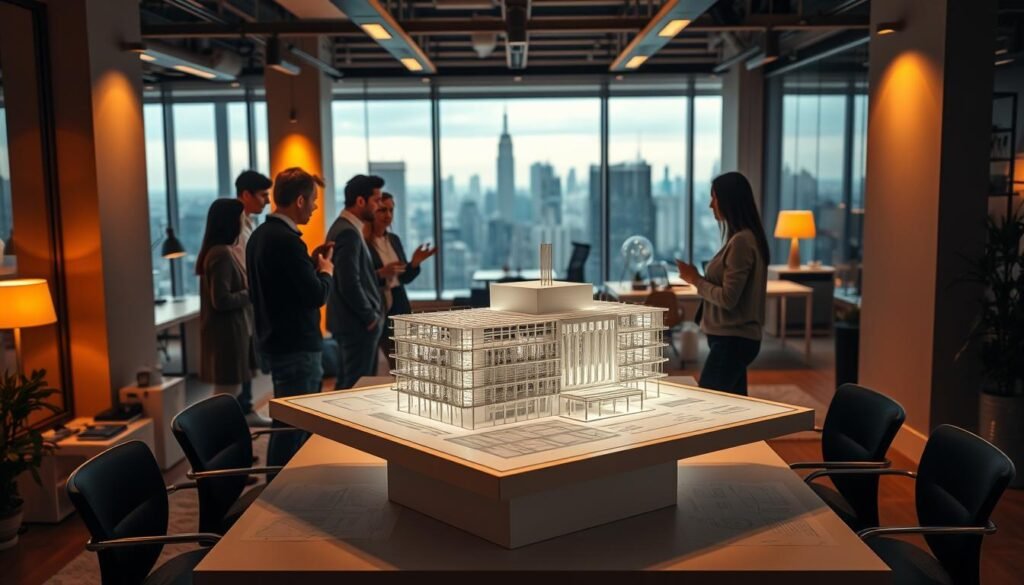 A bustling architectural office, illuminated by warm, directional lighting. In the foreground, a team of designers huddled around a digital BIM model, gesturing animatedly as they collaborate. In the middle ground, a 3D-printed scale model sits on a sleek, minimalist desk, surrounded by technical drawings and specifications. The background showcases a panoramic city skyline, hinting at the real-world impact of the BIM implementation process. The overall atmosphere conveys a sense of dynamic problem-solving and a commitment to innovative design solutions.