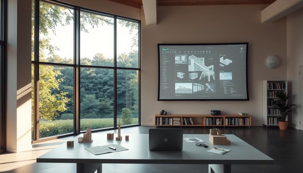 A clean, minimalist interior with floor-to-ceiling windows overlooking a lush, verdant landscape. In the foreground, a large, modern desk with a sleek laptop and a few architectural models and sketches. Soft, warm lighting filters in, casting a cozy glow. In the middle ground, a bookshelf filled with tomes on architecture and design. The background features a large projection screen displaying a Revit user interface, showcasing various tools and features. The overall atmosphere is one of focus, productivity, and a passion for the craft of architecture.