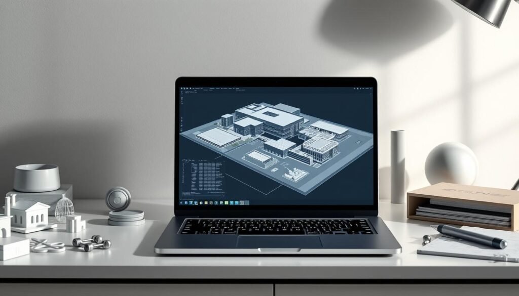 A high-performance laptop arranged on a sleek, minimalist desk, surrounded by architectural models and design tools. The laptop's screen displays a 3D rendering of a complex Revit model, its powerful hardware and specialized software enabling seamless BIM workflows. Soft, directional lighting illuminates the scene, casting subtle shadows and highlights that accentuate the laptop's premium design. The composition emphasizes the laptop's role as a crucial tool for Revit and BIM professionals, showcasing its capabilities in a refined, professional setting.