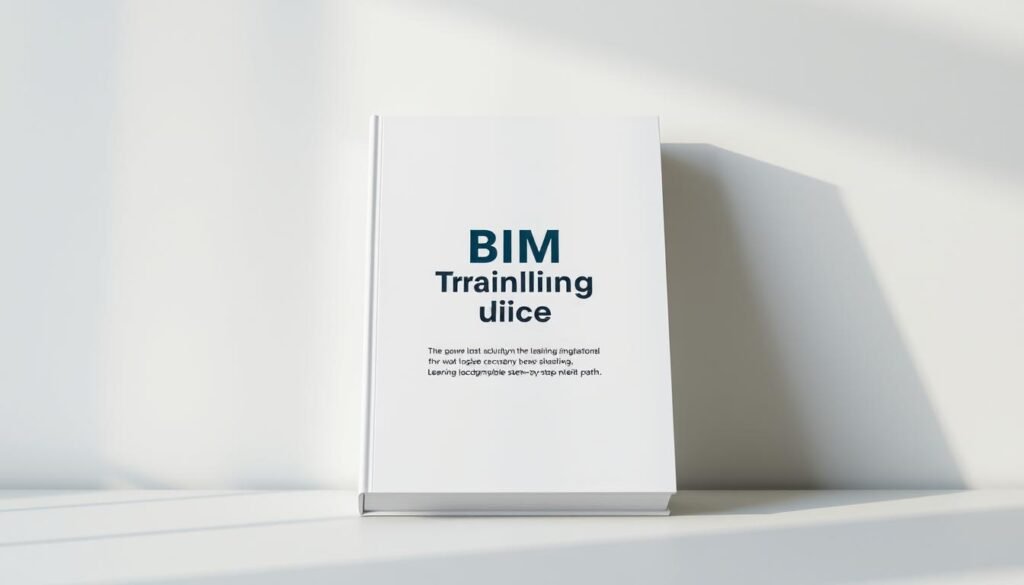 A highly detailed, technically accurate image of a BIM Training Guide textbook or manual. The book should be centered in the frame, with a crisp, clean, and professional appearance. The cover should feature the title "BIM Training Guide" in a bold, modern font, along with subtitles or section headings that convey the step-by-step learning path. The book should be set against a neutral, minimalist background, with subtle lighting from the side to create depth and highlight the texture of the cover material. The overall mood should be one of clarity, organization, and educational focus, conveying the authority and usefulness of the guide.