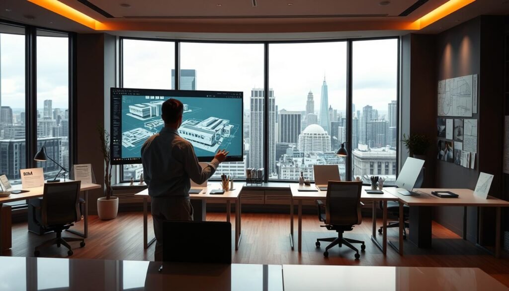 A modern architectural studio with an expansive bay window overlooking a bustling city skyline. In the foreground, a young architect intently studies a 3D model on a large curved display, hands gesturing as they navigate the BIM software interface. Sleek desks and ergonomic chairs populate the middle ground, while the background showcases a wall of reference materials, inspiration boards, and technical drawings. Warm, diffused lighting creates a contemplative atmosphere, complemented by the soft glow of the digital screens. The scene conveys the evolution of architectural design, transitioning from manual drafting to the powerful capabilities of BIM technology.