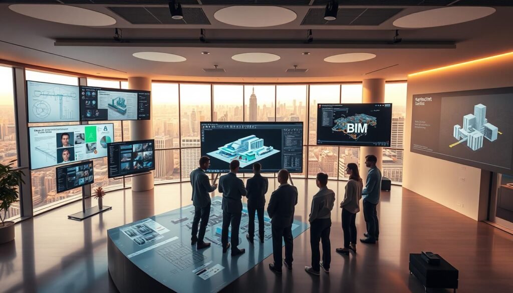 A modern architecture studio with a sleek interior design. In the foreground, a team of architects gathers around a large BIM model displayed on a curved screen, discussing design details and analyzing data. In the middle ground, various BIM software interfaces and 3D visualizations are projected on the walls, showcasing the integration of BIM tools. The background features floor-to-ceiling windows overlooking a bustling city skyline, bathed in warm, natural lighting that filters through. The overall atmosphere conveys a sense of collaboration, innovation, and the seamless integration of BIM technology into the architectural workflow.