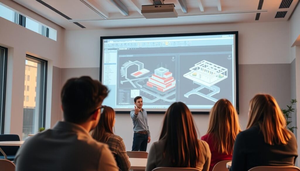 A modern, bright classroom setting with an interactive Revit training program displayed on a large projection screen. The foreground features a group of architecture students intently studying the software interface, their faces lit by the glow of the screen. In the middle ground, an enthusiastic instructor gestures towards the projection, guiding the students through a hands-on learning exercise. The background showcases a sleek, minimalist design with clean lines and subtle accents, creating a professional and focused atmosphere. Warm, natural lighting filters in from large windows, illuminating the scene and fostering a collaborative, educational environment.