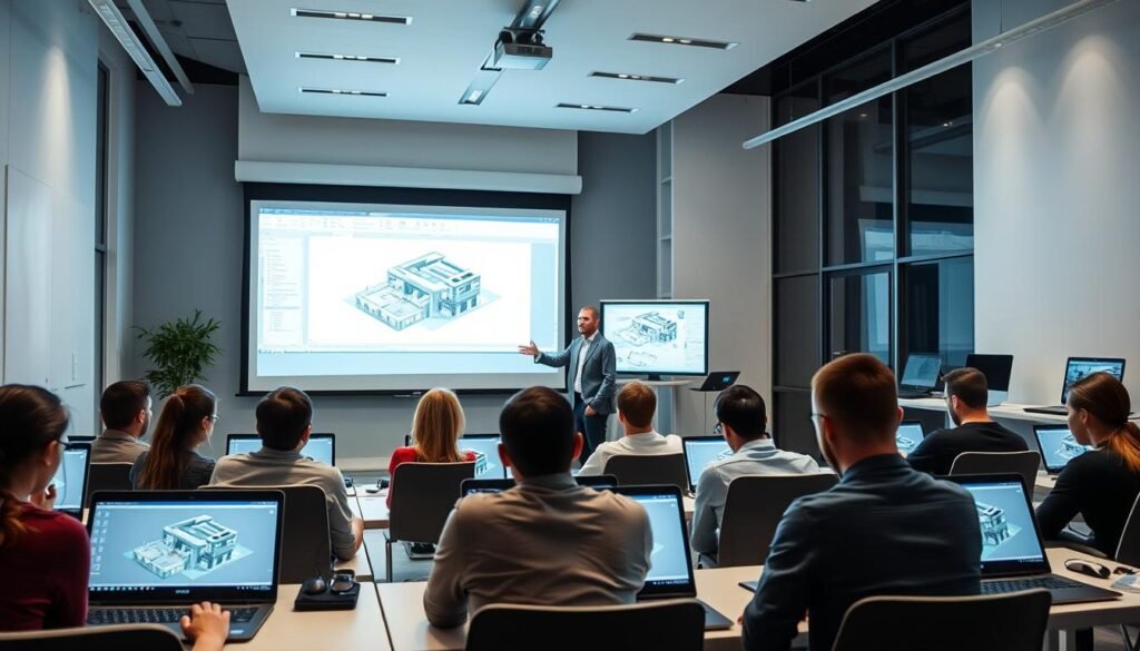 A modern, well-equipped Revit training classroom. In the foreground, a group of architecture students intently studying 3D BIM models on their laptops, their faces illuminated by the glow of the screens. The middle ground features a large projection screen displaying a Revit interface, with an instructor gesturing towards it, guiding the lesson. The background showcases a sleek, minimalist design with whitewashed walls, ample natural lighting, and state-of-the-art workstations. The overall atmosphere conveys a sense of focused, collaborative learning, where the students are fully immersed in mastering the capabilities of Revit, the industry-leading BIM software.