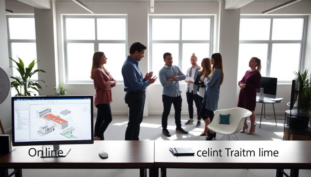 A modern, well-lit studio setting featuring a side-by-side comparison of online and in-person Revit architecture training. In the foreground, a desktop computer showcases an interactive Revit software interface, while in the middle, a group of students intently watch a hands-on demonstration led by an experienced instructor. The background depicts a clean, minimalist office space with large windows, casting natural light that illuminates the scene. The overall atmosphere conveys a sense of focused learning, professionalism, and the contrasting benefits of virtual and in-person Revit training approaches.