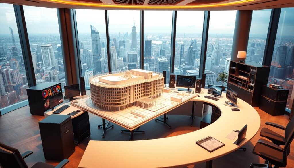 A sleek, modern office interior with a large, curved desk showcasing a 3D architectural model of a building. The model is rendered in high detail, with intricate structural elements and materials. The desk is surrounded by a variety of computer equipment, including a high-end workstation, multiple displays, and various peripherals. The lighting is warm and focused, creating a professional, yet inviting atmosphere. In the background, a large window overlooks a bustling city skyline, providing a sense of scale and context. The overall scene conveys the advanced system requirements needed to effectively utilize Revit for Building Information Modeling (BIM) in 2025.