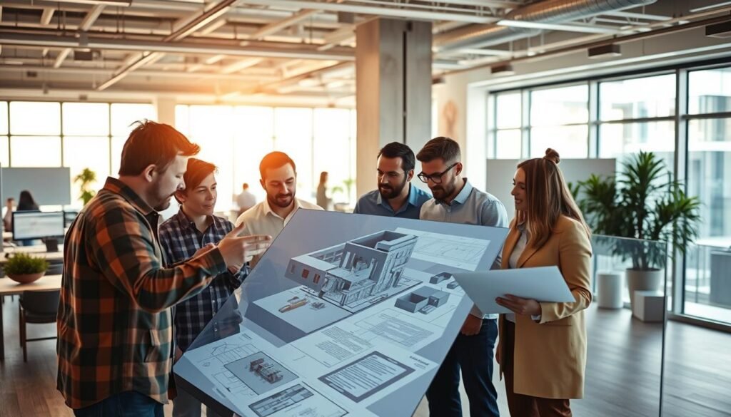 A vibrant, collaborative scene of architects and engineers working together on a complex BIM model. In the foreground, a team huddled around a large interactive display, gesturing animatedly as they review 3D building components. In the middle ground, others scrutinize detailed schematics and floor plans, coordinating their efforts. The background reveals an open-concept office space flooded with natural light, conveying a sense of productivity and innovation. Warm, indirect lighting casts a soft glow, complementing the focused expressions of the professionals as they leverage BIM technology to streamline the design process and bring their architectural vision to life.