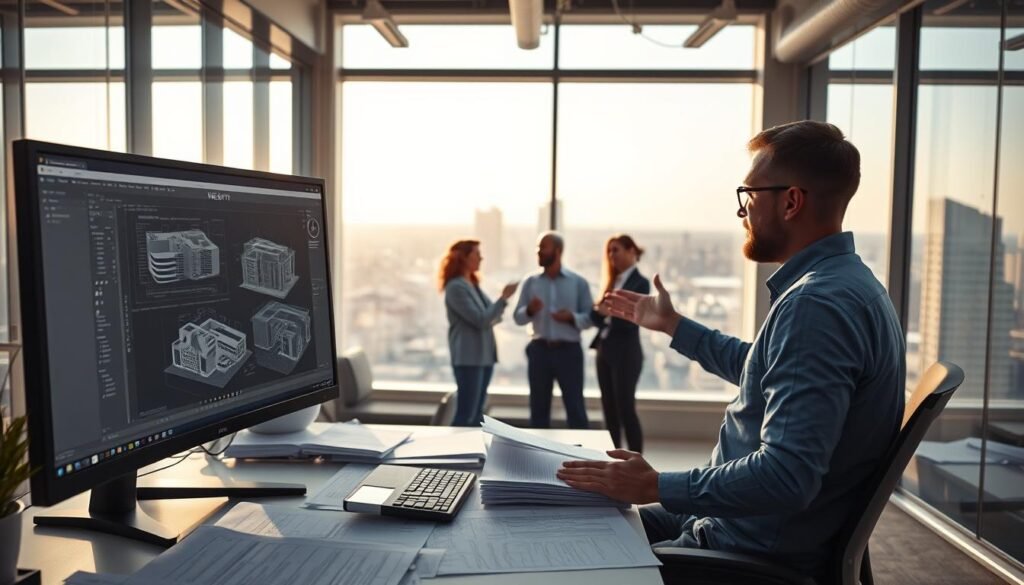 A Revit project guidance scene set in a modern office space. In the foreground, a CAD workstation with a large monitor displays a Revit model, surrounded by reference materials and construction documents. In the middle ground, an architect reviews the model with a team, gesturing towards areas of concern. The background features a panoramic city skyline visible through floor-to-ceiling windows, bathed in warm, directional lighting. The atmosphere conveys a sense of collaboration, problem-solving, and the critical transition from Revit training to successful implementation.