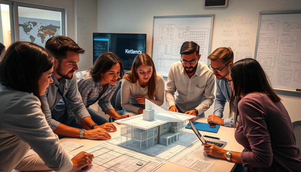 A bustling Revit team gathered around a table, deep in concentration. In the foreground, a 3D model of a building takes shape on a laptop screen, surrounded by detailed blueprints and annotated sketches. The team members, each with their own specialized skills, collaborate intently, their faces illuminated by the warm glow of task lighting. In the background, a large monitor displays real-time project updates, while a whiteboard is covered in scribbled notes and diagrams. The atmosphere is one of focused determination, as the team works to bring their architectural vision to life with the precision and efficiency that Revit demands.