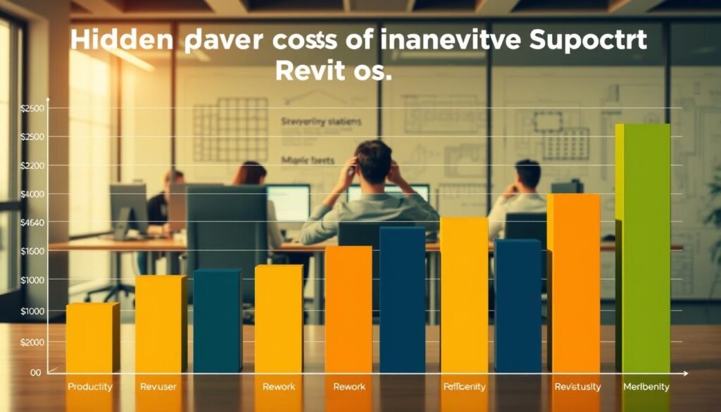 A detailed bar chart depicting the hidden financial costs of inadequate Revit support, set against a backdrop of a modern office environment. In the foreground, the bars show the various cost categories such as productivity losses, rework, and support inefficiencies. The middle ground features a team of Revit users working at their desks, with a sense of frustration and confusion apparent in their body language. The background showcases the company's architectural designs and blueprints, suggesting the broader impact on project deliverables. Warm lighting casts a professional, authoritative tone, while the composition emphasizes the quantifiable nature of the support costs.