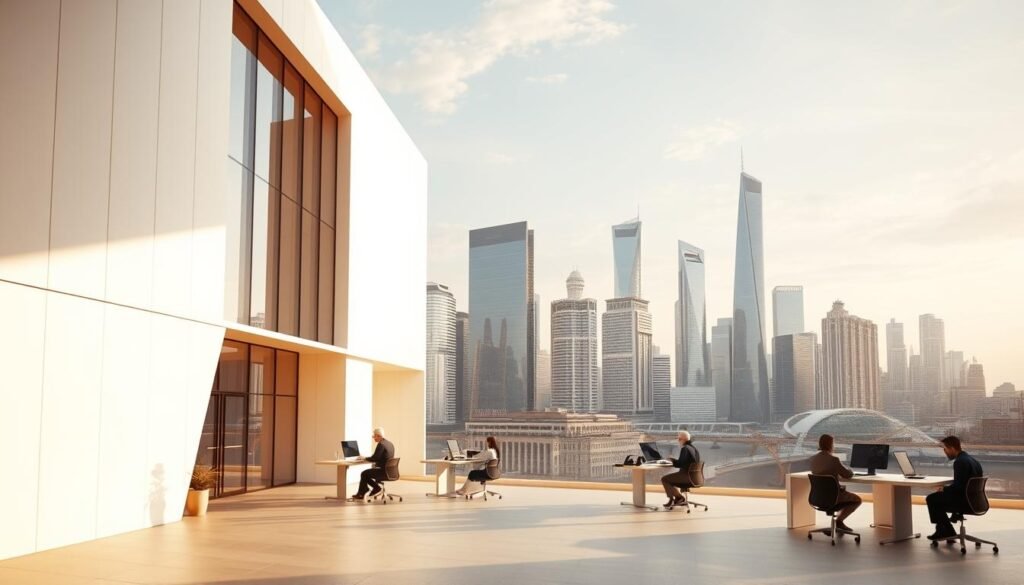 A modern, minimalist architectural design featuring Revit software in the foreground. The building showcases clean lines, large windows, and a sleek, contemporary aesthetic. The middle ground depicts architects collaborating at desks, utilizing Revit's BIM capabilities. In the background, a cityscape of skyscrapers and innovative structures, representing the evolution of Revit in shaping the modern architectural landscape. Warm, diffused lighting creates a serene, professional atmosphere. The overall composition highlights Revit's integral role in driving the future of architectural design.